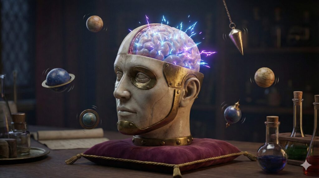 スピラボの研究室にあるアンティークな頭部模型の脳が、青い電気のような魔法の光でスパークし、周囲の小さな天体模型が振動しているイラスト。睡眠中の脳の誤作動を表現。