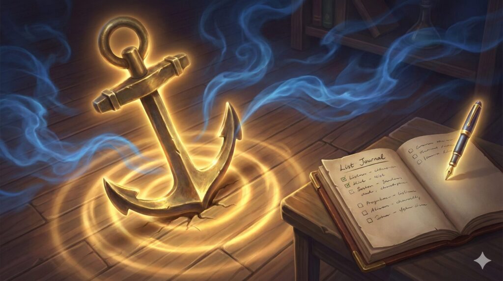 スピラボの研究室の床に深く突き刺さり、温かい光の波紋を広げて周囲の煙を鎮めている真鍮の錨（いかり）と、その隣にある整理された手帳のイラスト。グラウンディングと問題解決を象徴。