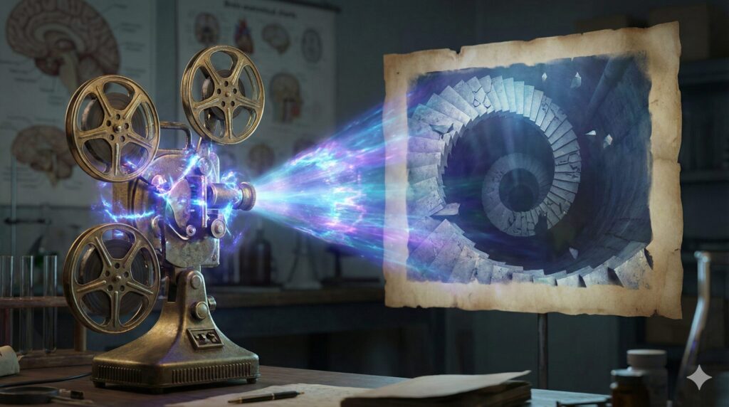 スピラボの研究室にある古い映写機から、崩れ落ちる螺旋階段の映像がスクリーンに投影されているイラスト。不安が視覚化される様子を表現している。