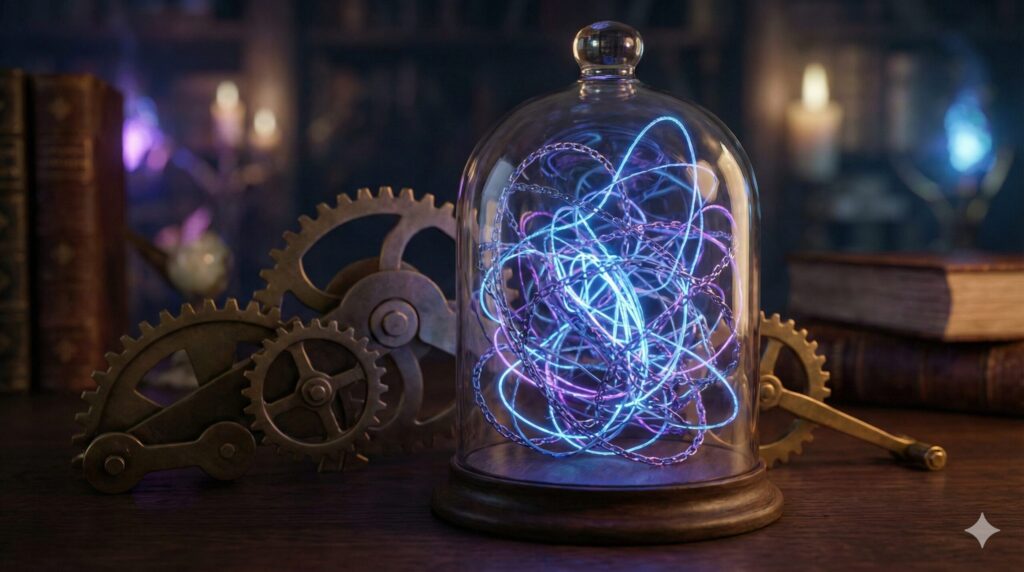 スピラボの研究室で、ガラスのドームの中に閉じ込められた青と紫に光る絡まった糸（ストレスの象徴）と、その外にある動かないアンティークな歯車のイラスト。