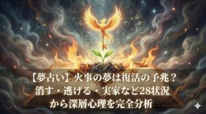 夢占い 火事 復活 古い魔導書からフェニックスのような光る鍵と新芽が現れる幻想的なイラスト