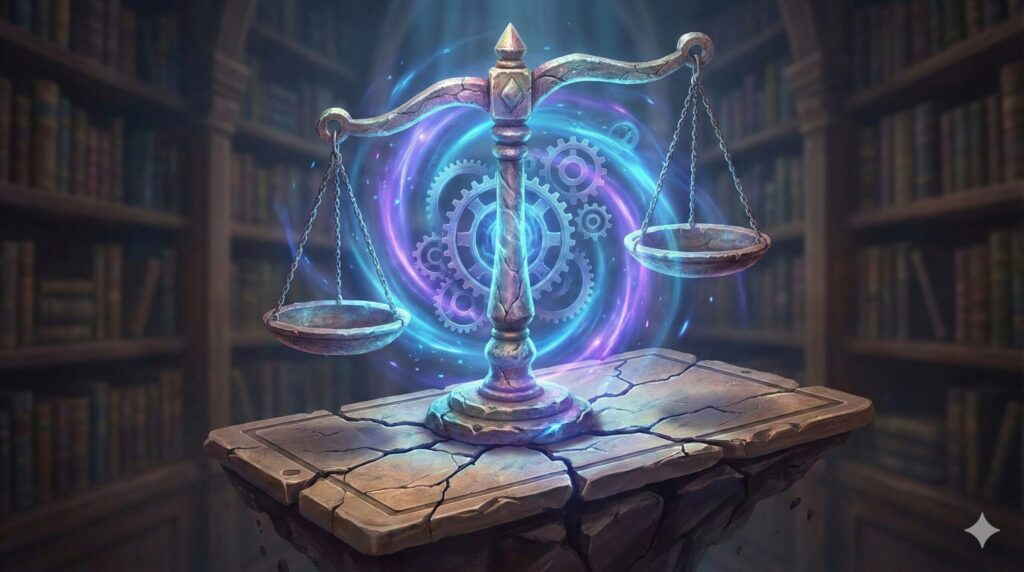 夢占い 地震 心理メカニズム ひび割れた土台の上でバランスを取る天秤と心の歯車のイラスト