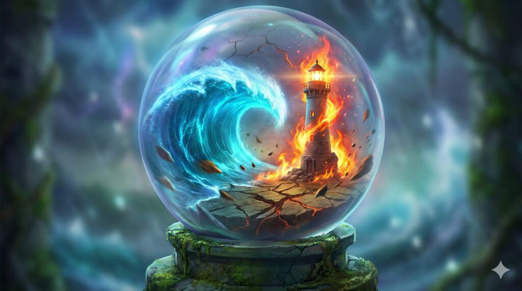 夢占い 地震 二次災害 水晶玉の中で津波と火災が同時に起こるミニチュアの幻想的イラスト