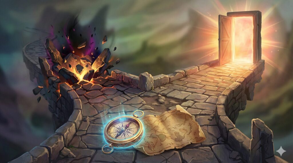 夢占い 地震 行動 選択 崩壊した道の分岐点にあるコンパスと地図、光る扉のイラスト