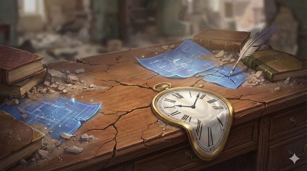 夢占い 地震 場所 崩壊 ひび割れた机の上で歪んだ時計と設計図が散乱する静物イラスト