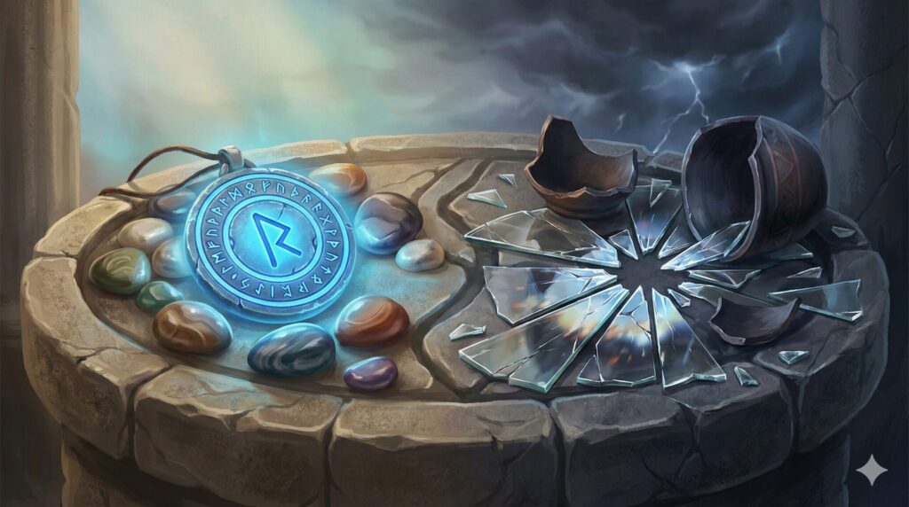 夢占い 地震 結末 結果 無傷の光るアミュレットと砕け散ったガラスの対照的なイラスト