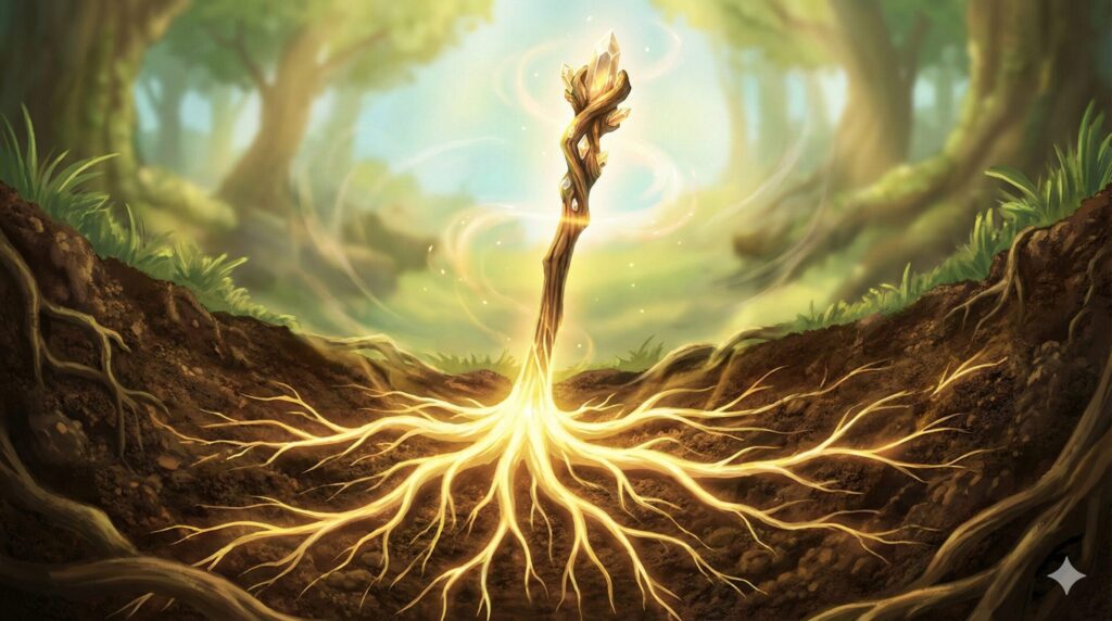 夢占い 地震 開運グラウンディング 大地にしっかりと根を張る光る杖と樹木のイラスト