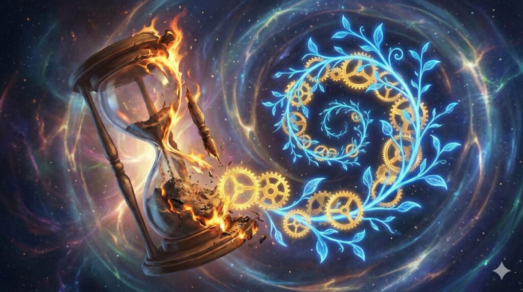 夢占い 火事 破壊と再生 燃える砂時計から光る歯車と植物が螺旋を描いて再生するイラスト