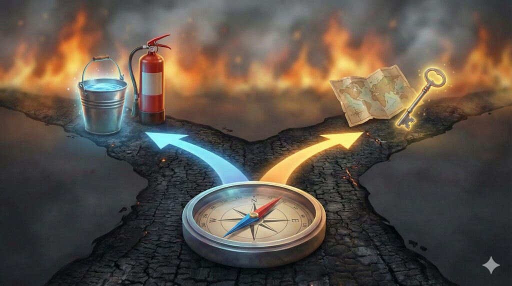 夢占い 火事 行動 選択 燃える道の分岐点にあるコンパスと消火器、地図、鍵のイラスト