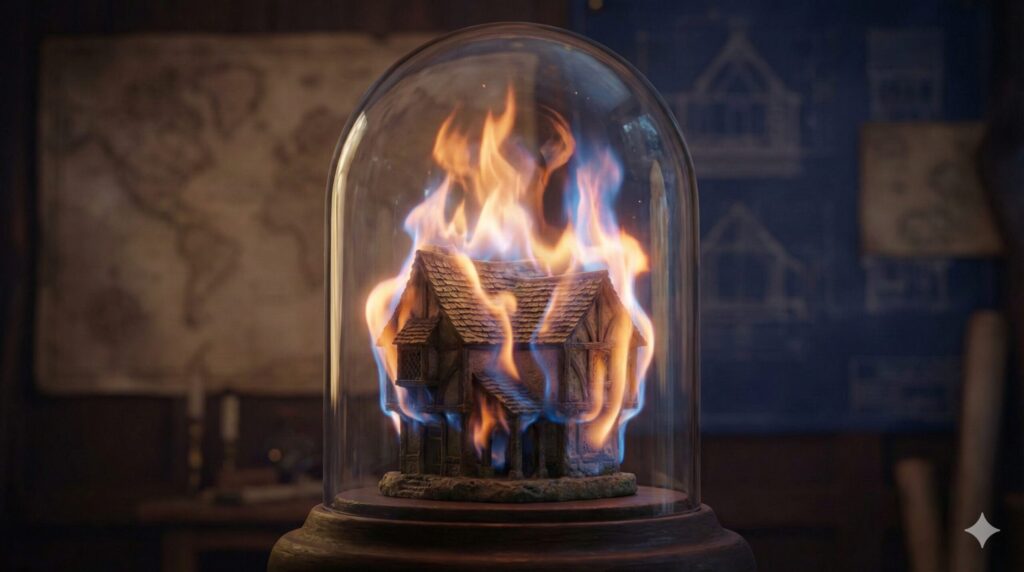 夢占い 火事 場所 状況 ガラスドームの中で燃えるミニチュアハウスの幻想的なイラスト