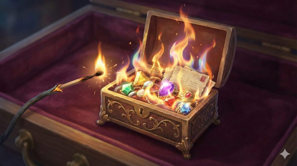 夢占い 火事 原因 対象 燃えるマッチと火がついた宝石箱と手紙の幻想的な静物イラスト