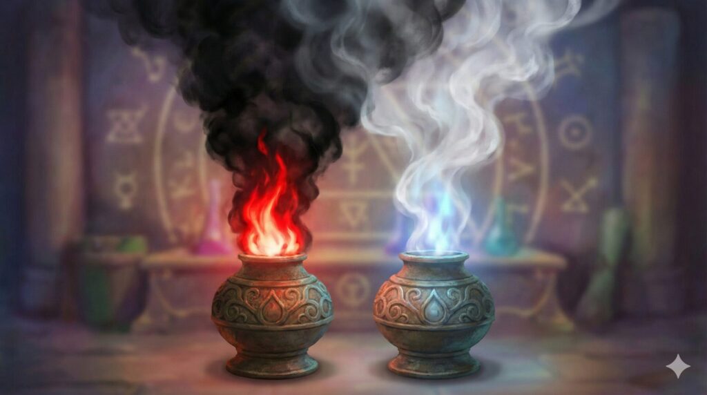 夢占い 火事 結末 煙の色 対照的な黒煙と赤炎、白煙と青炎が立ち上る二つの香炉のイラスト