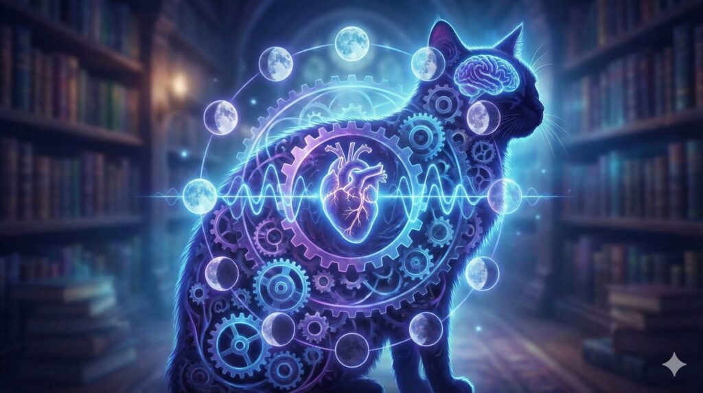 夢占い 猫 シンボル 心理学 猫のシルエットに脳、心臓、歯車、月の満ち欠けが描かれた抽象的なイラスト