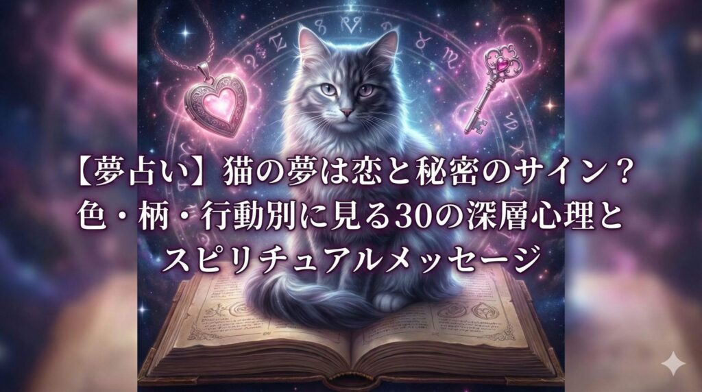 夢占い 猫 恋と秘密 神秘的な猫とハートのロケット、鍵、魔導書が描かれた幻想的なアイキャッチ画像
