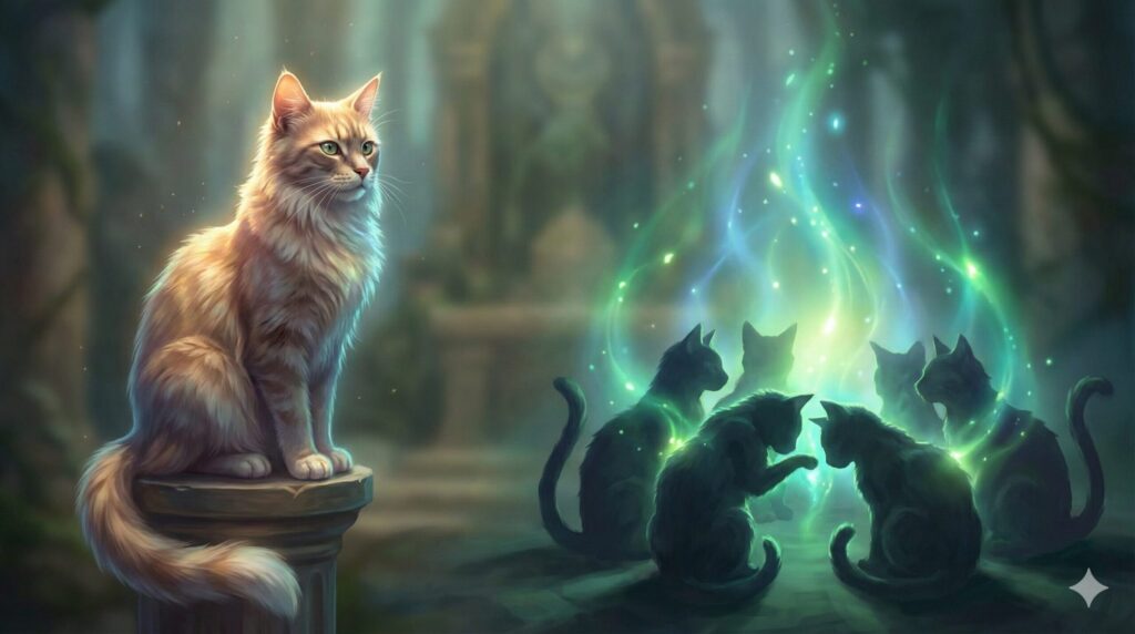 夢占い 猫 数 状態 光り輝く一匹の猫と、癒しの光に包まれた猫の群れの対比を描いた幻想的なイラスト