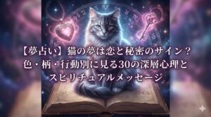 夢占い 猫 恋と秘密 神秘的な猫とハートのロケット、鍵、魔導書が描かれた幻想的なアイキャッチ画像
