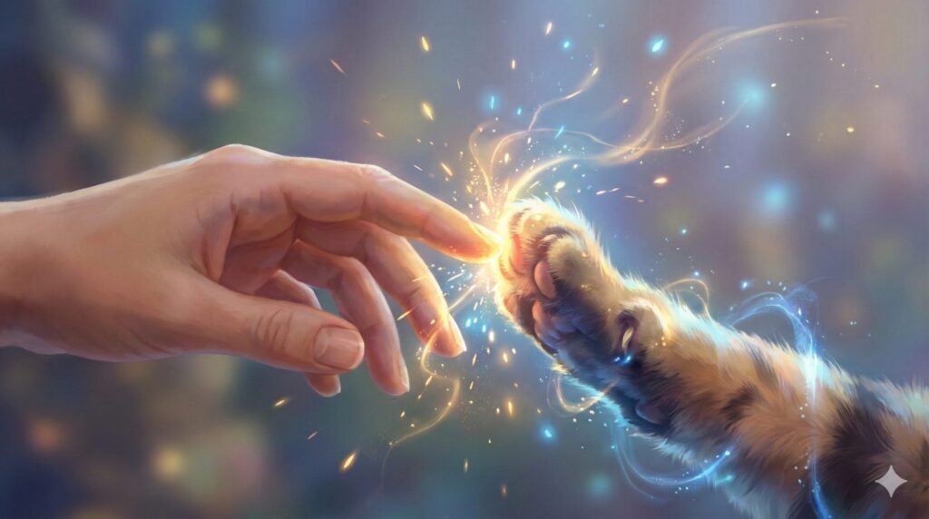 夢占い 猫 接触 行動 人の手と猫の前足が触れ合い、魔法の光とエネルギーが生まれる瞬間のクローズアップイラスト