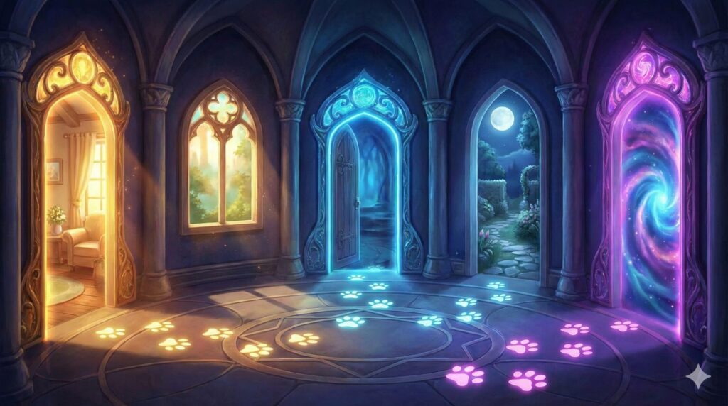 夢占い 猫 場所 異なる世界へ通じる複数の魔法の扉と、そこへ続く猫の光る足跡が描かれた神秘的なイラスト
