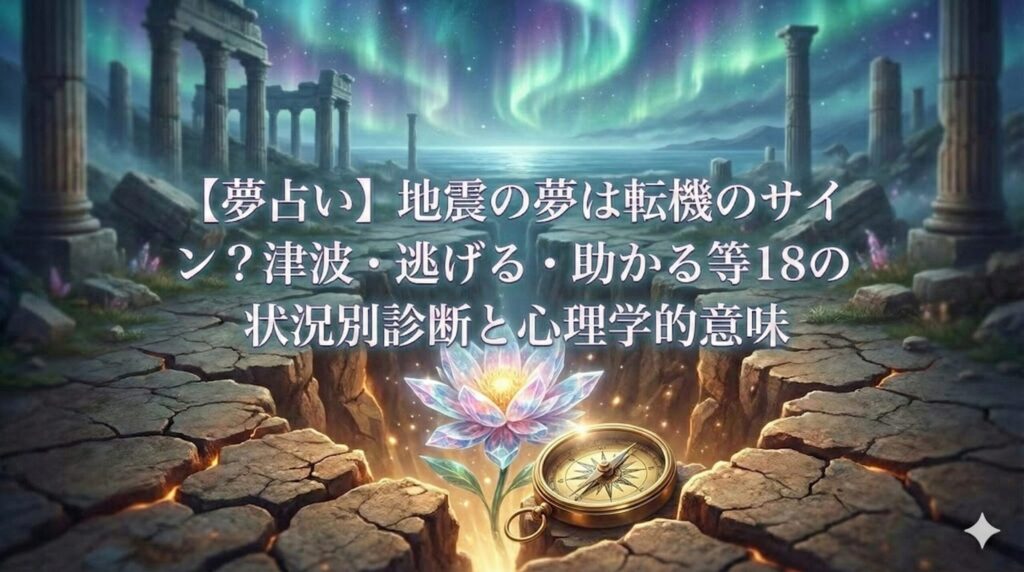夢占い 地震 転機 ひび割れた大地から光る花とコンパスが現れる幻想的なイラスト