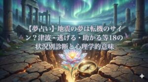 夢占い 地震 転機 ひび割れた大地から光る花とコンパスが現れる幻想的なイラスト