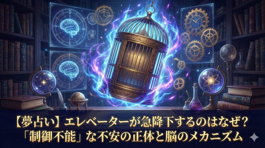 スピラボの研究室で、魔法の光を放ちながら急降下するアンティークな鳥かご（エレベーターの象徴）と、背景に浮かぶ脳の図版や歯車のイラスト。「【夢占い】エレベーターが急降下するのはなぜ?「制御不能」な不安の正体と脳のメカニズム」というタイトル文字が入っている。