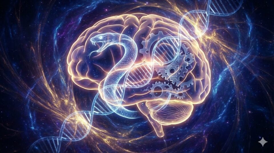 夢占い 蛇 エネルギー 心理学 脳とDNA、歯車と絡み合う光る蛇のシルエットの抽象画