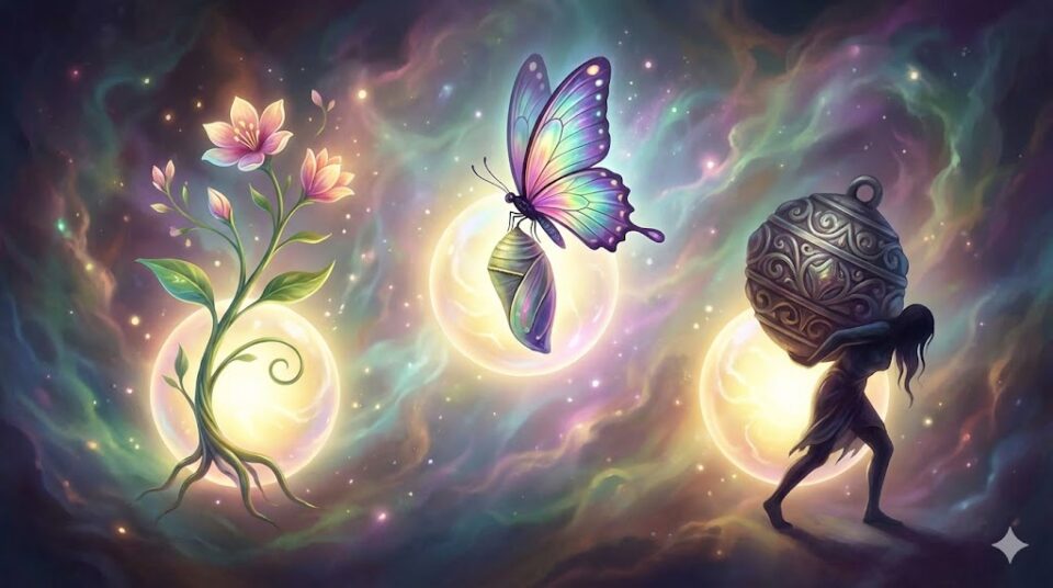 夢占い 妊娠 才能 変化 負担 輝く3つの光の球が、それぞれ異なる象徴的なモチーフ(芽生え、蝶、重荷を背負う影)に変化していく抽象的なデジタルアート。