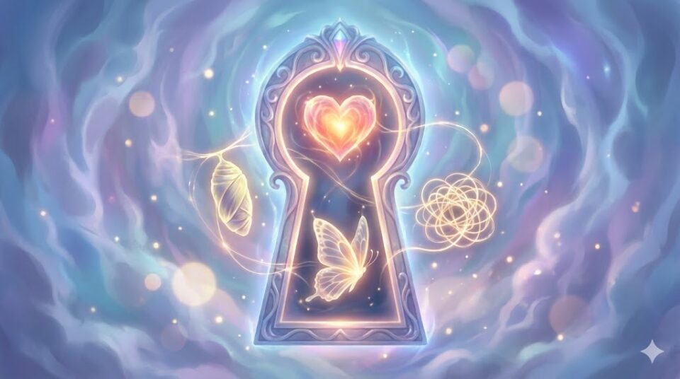 夢占い 結婚式の夢が示す深層心理を象徴する心の扉とハート、蝶、絡まった糸の幻想的なイラスト