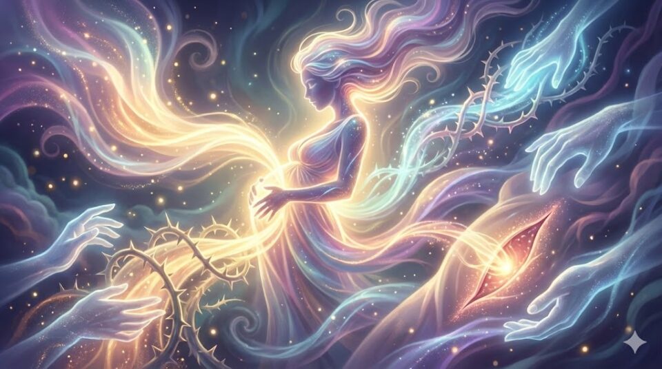 夢占い 出産の夢における感情と行動(安産、難産、帝王切開、サポート)を象徴する幻想的な妊婦のイラスト