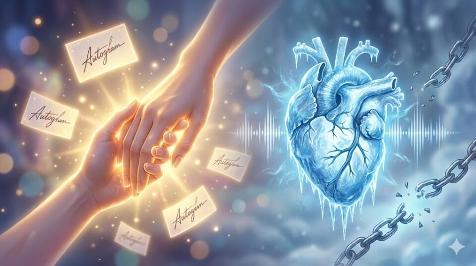 夢占い 芸能人に対する様々な感情と行動(好意、冷淡、交流)を象徴する幻想的な手とハートのイラスト