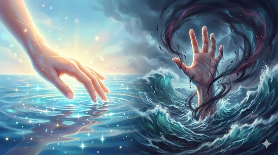夢占い 海に対する感情と行動(穏やか、恐怖、泳ぐ、溺れる)を象徴する、光と闇の対照的な手の幻想的なイラスト
