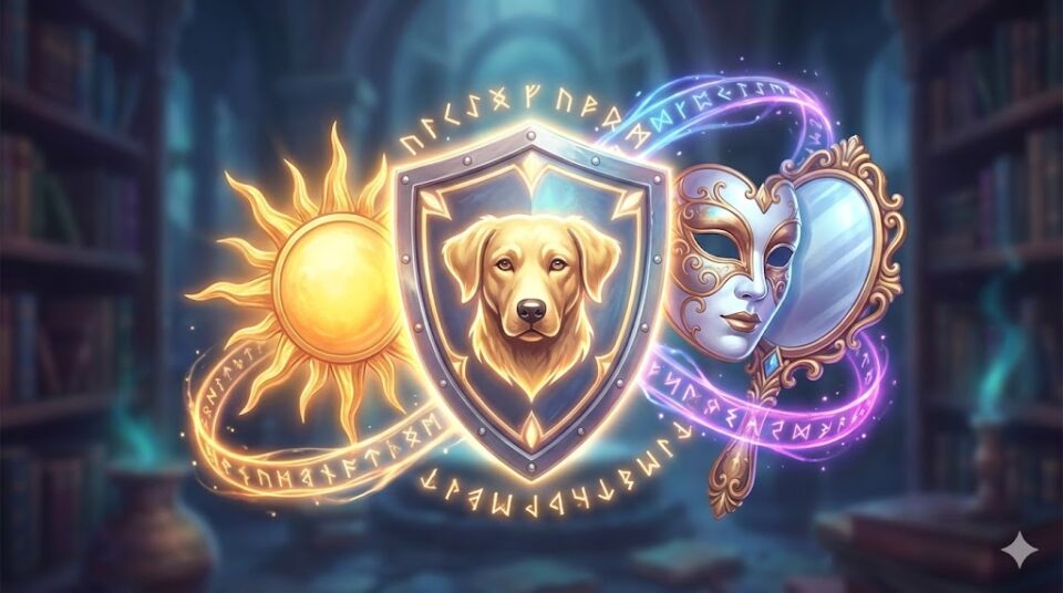 夢占い 犬 基本の意味 忠誠心を示す盾、男性性の太陽、社会的な自分を映す鏡と仮面の抽象的なエンブレム