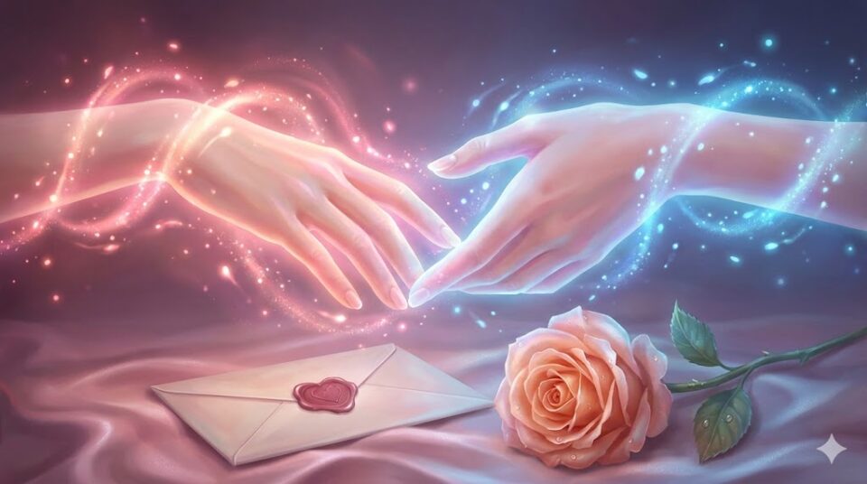 キスの夢 感情 行動 触れ合おうとする二つの手とピンクと青の光、手紙とバラのイラスト