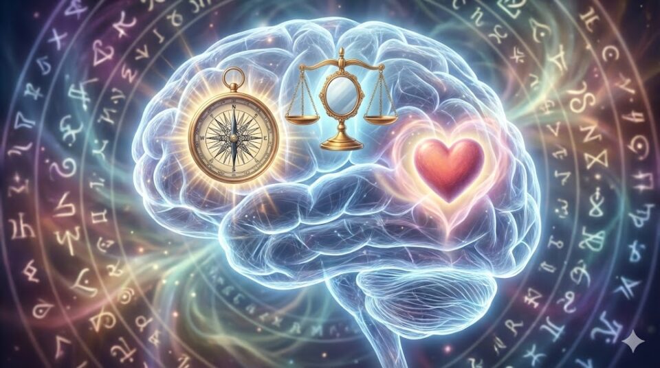 夢占い 亡くなった人 基本の意味 脳内の光る羅針盤、天秤、ハートの抽象的なイラスト