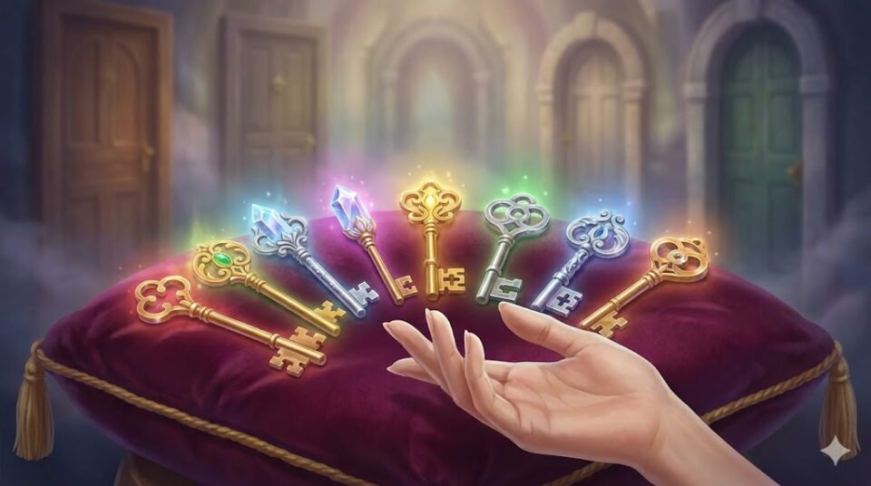 夢占い プロポーズされる夢 人物別 誰から 多様な光を放つ鍵と受け入れる手のイラスト