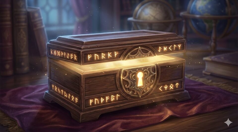 夢占い 不倫の夢 基本的な意味 光る鍵穴がある古い木箱のイラスト