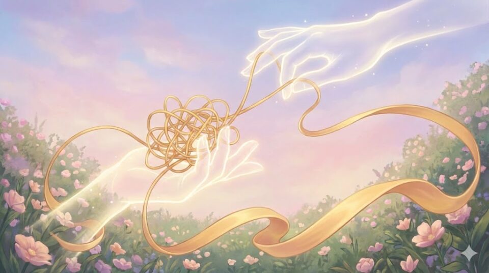 元旦那と仲良くする夢を象徴する、絡まった糸を解きほぐす二つの光の手と、美しいリボンの幻想的なイラスト。