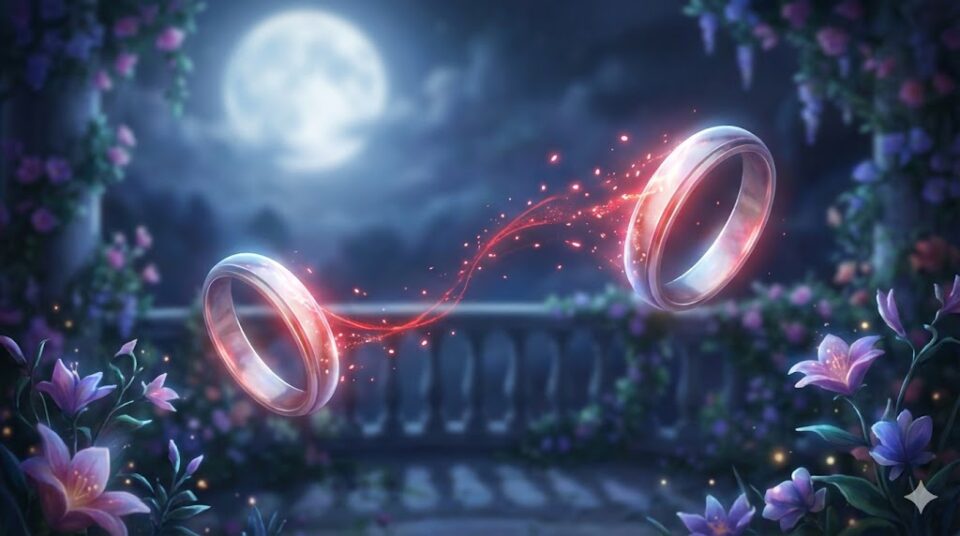 別れる夢 恋人 パートナー 月夜のバルコニーで赤い糸が解け二つの指輪が離れていく幻想的なイラスト