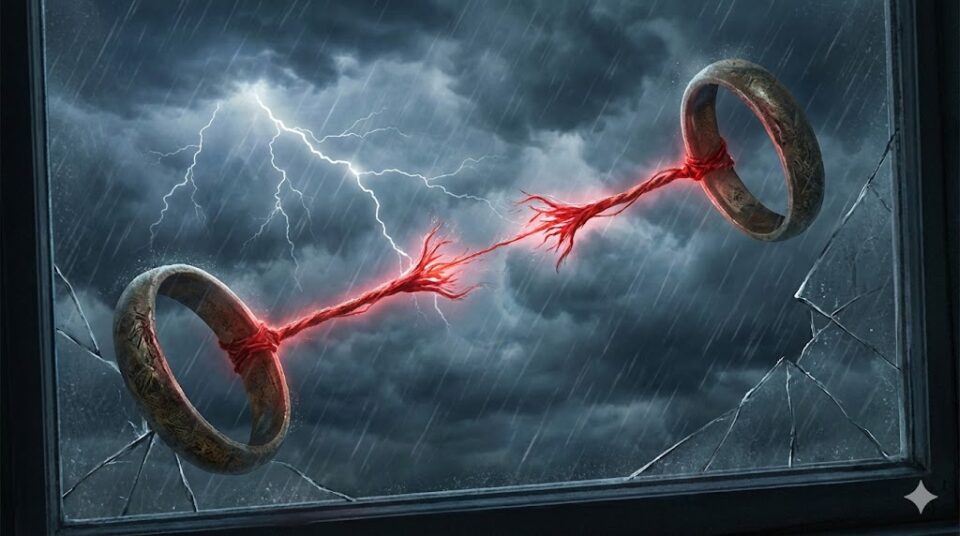 恋人の夢 トラブル 別れを暗示する、嵐の中で切れそうな赤い糸で繋がれた二つの指輪の幻想的なイラスト。