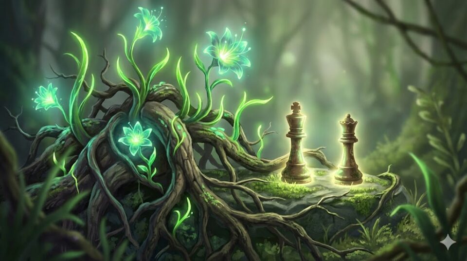 夢占いにおけるゴキブリの正体。絡み合う根(コンプレックス)、光る植物(生命力)、対峙するチェス駒(ライバル)を描いた幻想的な概念図。