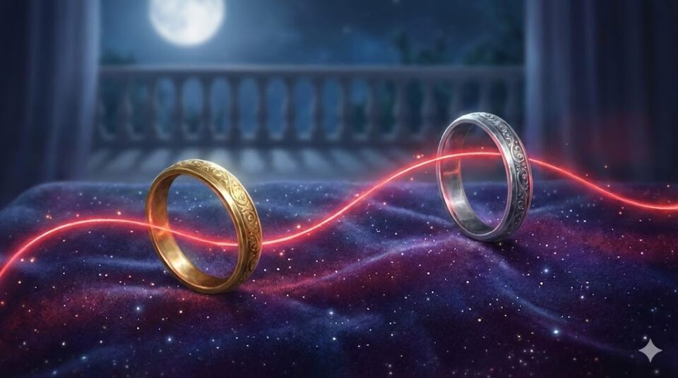 復縁する夢 相手別 元恋人 パートナーを象徴する、赤い糸で引き寄せ合う一対のアンティーク指輪