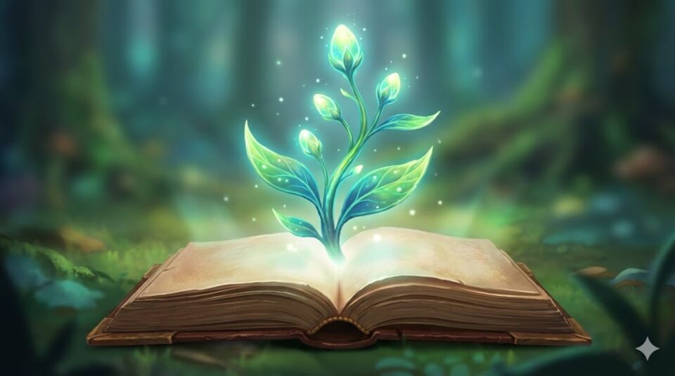 昔好きだった人の夢 行動 関係の進展別を象徴する、古い本から発光する植物の芽が伸びる