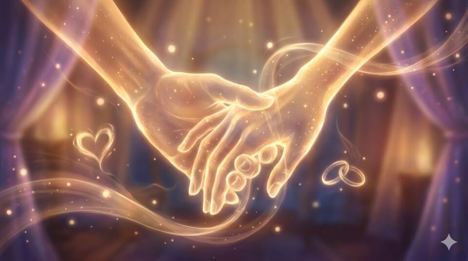夢占い 異性 行動 スキンシップ 光る手と手がつながる幻想的なイラスト 指輪 ハート