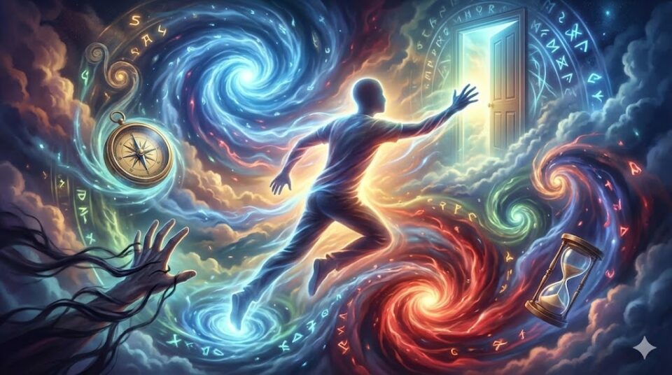 知らない人の夢の意味【感情・行動別】の挿絵。感情を表す色の渦の中を、光る人物が扉に向かって進む様子を描いた幻想的なイラスト。