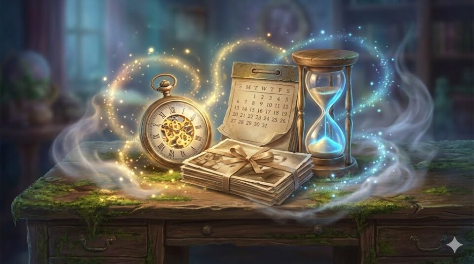 夢占い 同級生 過去 思い出 幻想的な光に包まれた懐中時計、カレンダー、セピア色の写真、砂時計の静物画