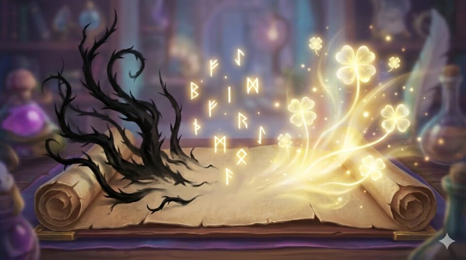 夢占い 虫の夢の概要。暗い茨(ストレス・トラブル)と、光る四つ葉のクローバー(幸運の予兆)が浮かび上がる、メッセージを象徴する古い巻物のイラスト。