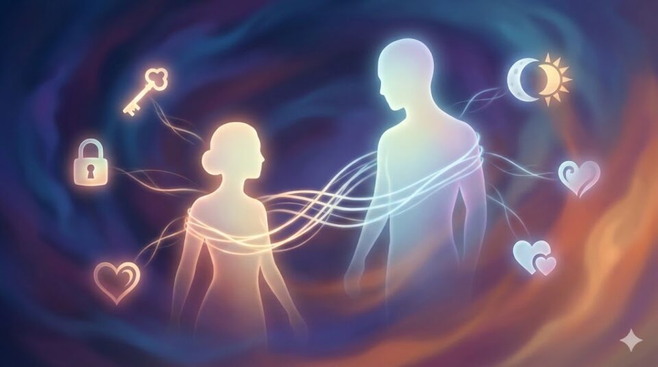 夢占い 抱きしめられる夢 原因・対象別の挿絵。光る糸で結ばれた二つのシルエットと、鍵、心、月と太陽のシンボル。