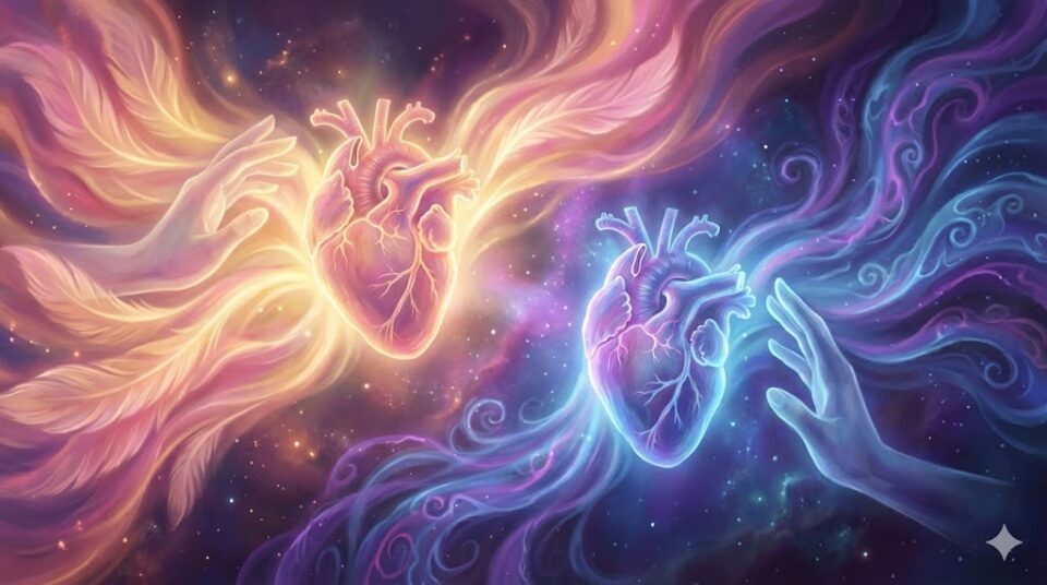 夢占い デートの夢 感情・行動別の挿絵。温かい光を放つ心臓と冷たい光を放つ心臓、それぞれに触れようとする手の抽象画。