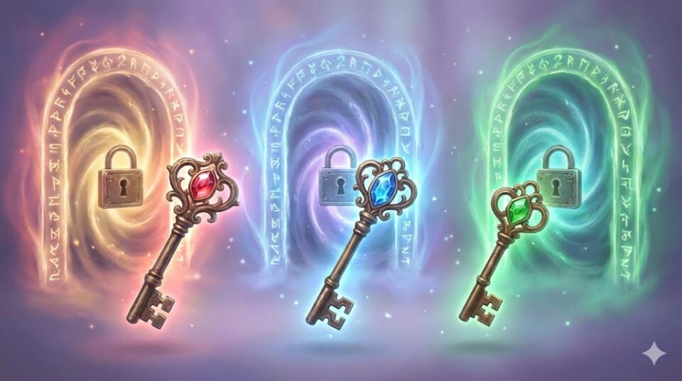 夢占い 振られる夢 原因・対象別の挿絵。異なる色の宝石が埋め込まれた三つのアンティークな鍵と、それに対応して光る魔法の扉のイラスト。