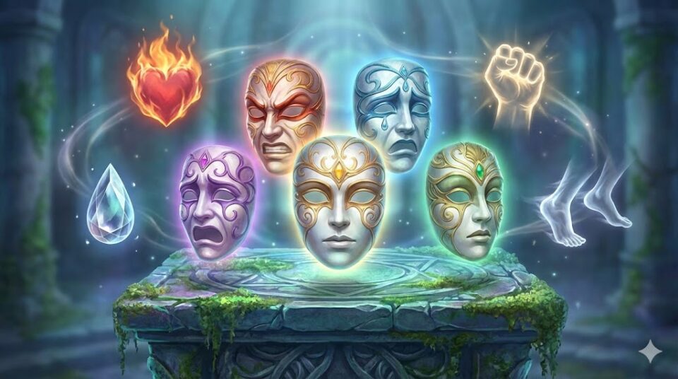 夢占いにおける感情や行動を象徴する挿絵。異なる表情の仮面、燃えるハート、涙の宝石、拳、足のシンボルが魔法の祭壇に浮かぶ幻想的なイラスト。